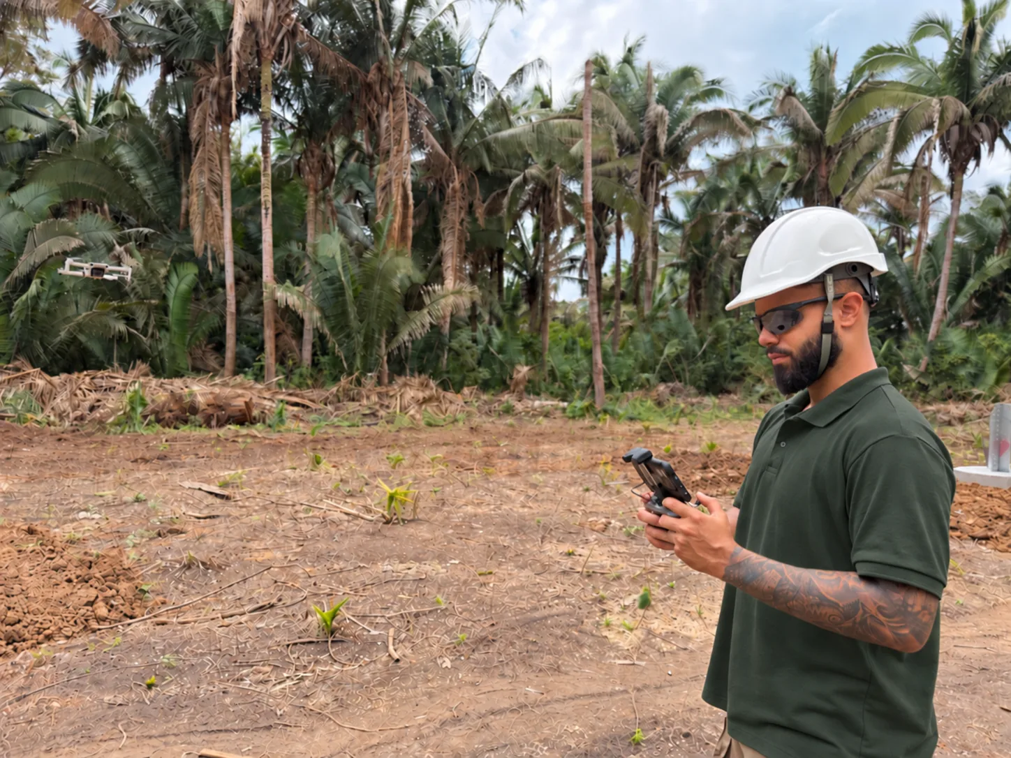 Profissional operando drone durante atividade de mapeamento ambiental em campo.
